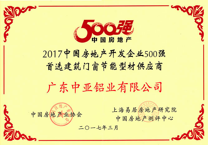 Certificate of China's Top 500 Real Estate Companies in 2017