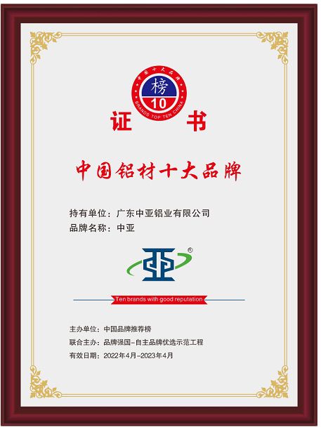 Certificates of the Top Ten Brands of China's Aluminum Materials in 2022